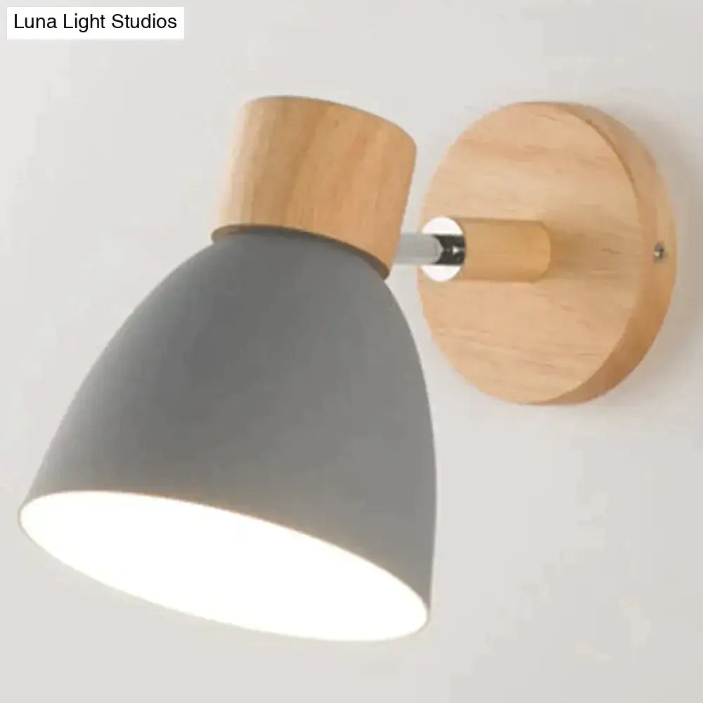 Gray matte-finished joan wooden reading wall sconce with natural wood base and sleek conical shade for bedroom lighting