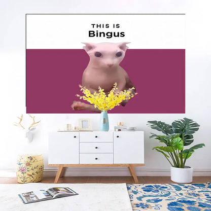 A framed poster of a pink hairless bingus cat on maroon background for kawaii bingus cat tapestry sofa blanket decorbites