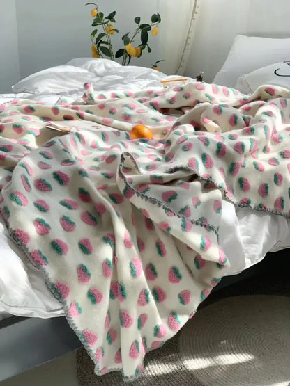 A soft cream kids wool blanket with kawaii pink strawberry and green leaf pattern perfect for bedroom decorbites 3d cherry decor