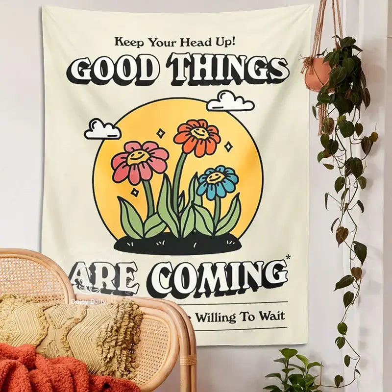 Cream-colored wall hanging decorbites cartoon flowers tapestry with cheerful pink orange and blue flowers and motivational text