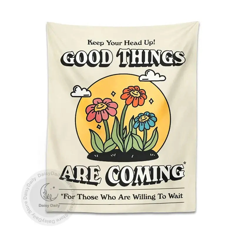 Cream-colored wall hanging decorbites cartoon flowers tapestry with cheerful pink orange blue blooms and yellow sun backdrop