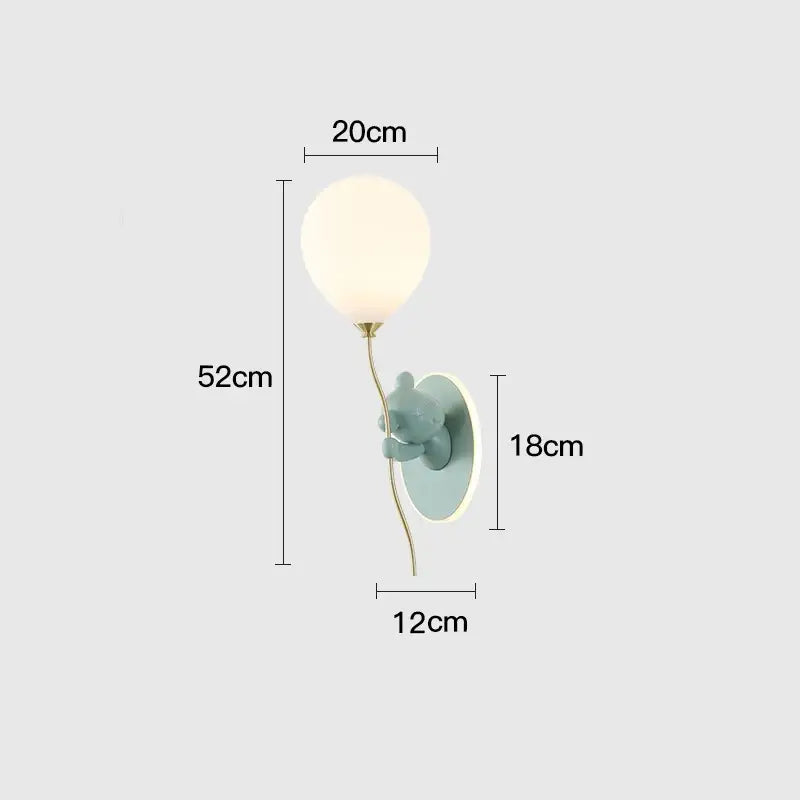 Kawaii gold bear balloon wall light with matte teal bear holding a gold stem and white spherical bulb for children bedroom wall light decorbites bear balloon