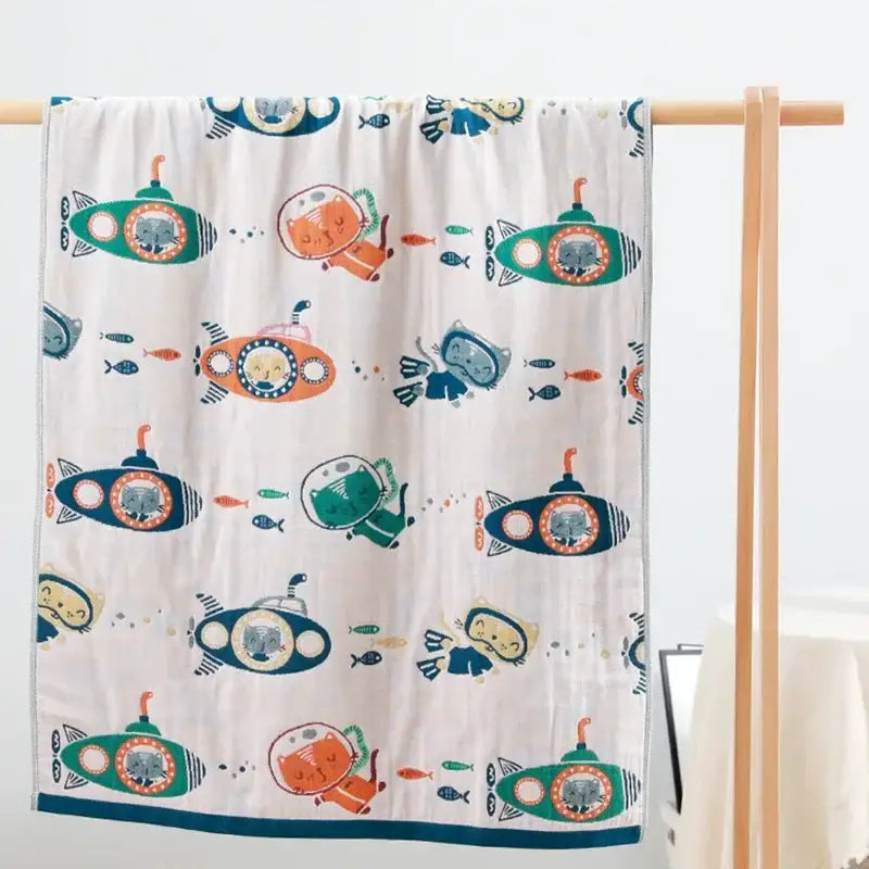 White cotton bath towel with kids cute cats in astronaut suits and submarines multicolored decorbites kids cute