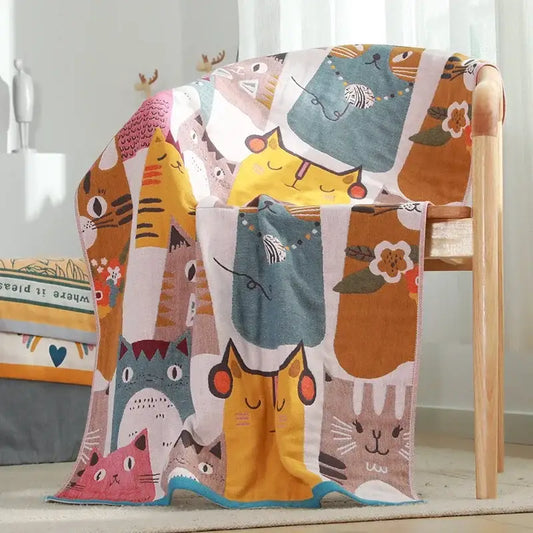 Cozy multicolored kids cute cats cotton gauze bath towel with playful cartoon cat pattern for bathroom use by decorbites