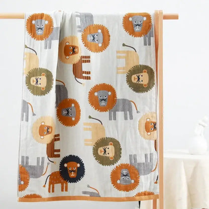 Kids cute cats multicolored cotton gauze bath towel in white with playful orange and gray lion and elephant decorbites kids cute design