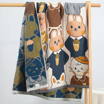Kids cute cats multicolored cotton gauze bath towel with plush beige navy olive brown decorbites kids cute pattern