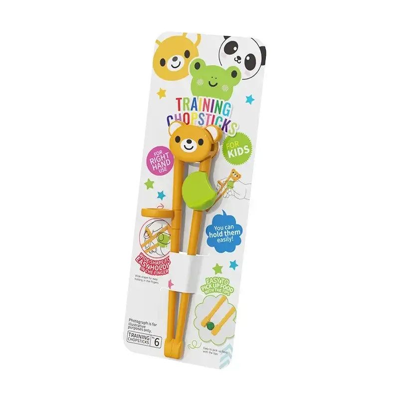 Yellow bear-themed kids multicolor bear training chopsticks with green grip and orange handles for dining room use