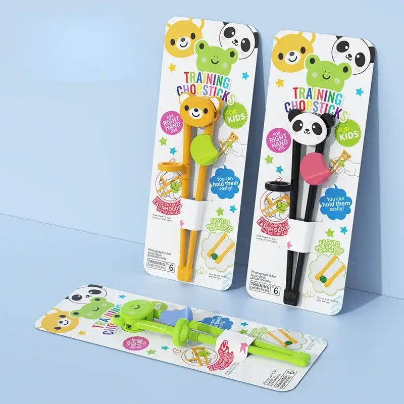 Brightly colored decorbites kids multicolor bear panda and cat training chopsticks in yellow green and black pink designs