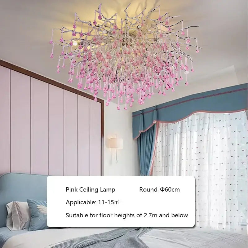 A delicate kids pink crystal chandelier with a tree branch design for bedroom decorbites kids pink ceiling light