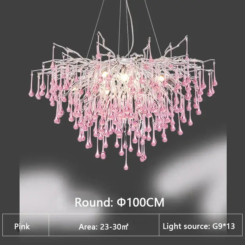 Delicate kids pink crystal chandelier with tree branch design and teardrop glass elements for bedroom decorbites kids pink