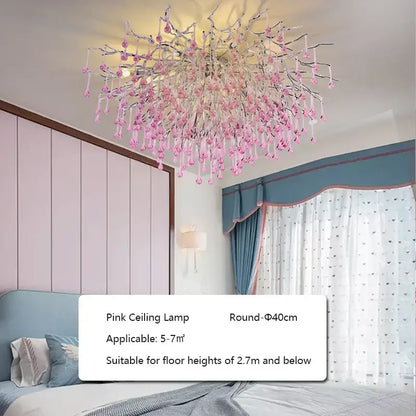 Elegant kids pink crystal chandelier with delicate tree branch design and dangling crystal droplets for bedroom decorbites kids pink decor