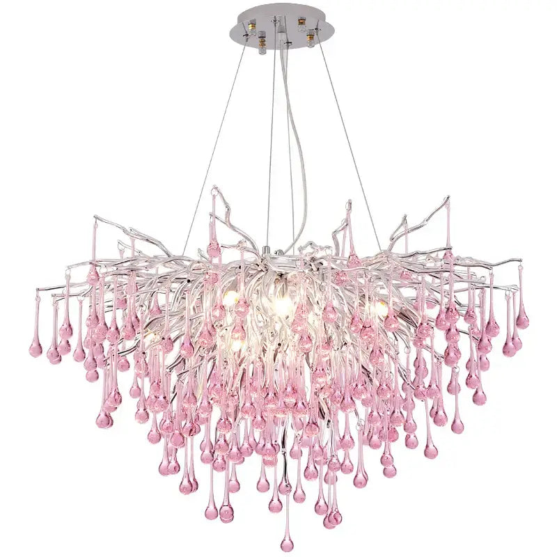 Kids pink crystal chandelier with chrome finish and cascading teardrop glass for bedroom decorbites kids pink lighting