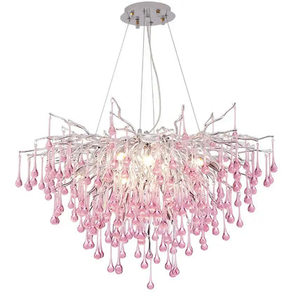 Kids pink crystal chandelier with chrome finish and cascading teardrop glass for bedroom decorbites kids pink lighting