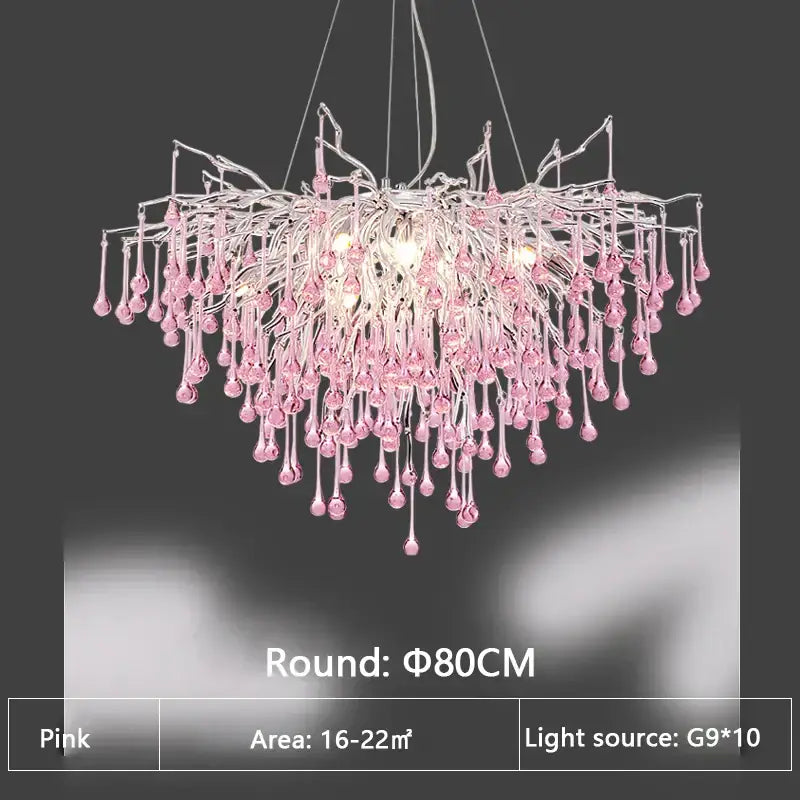 Delicate kids pink crystal chandelier with tree branch design and teardrop glass beads for bedroom decorbites decor