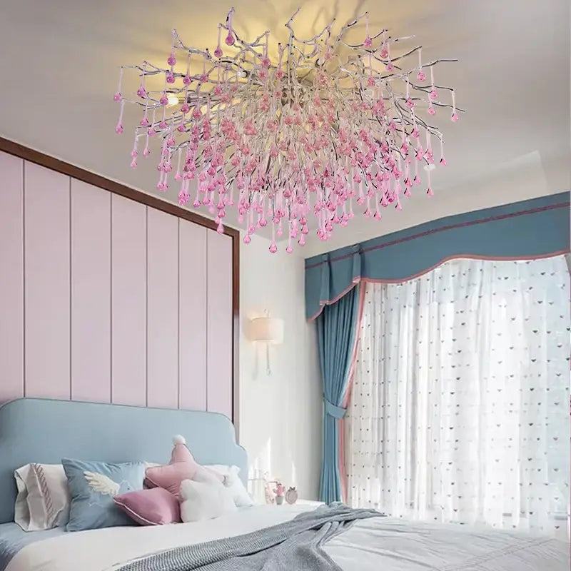 A kids pink crystal chandelier with delicate clear glass and tree branch design for bedroom decorbites kids pink lighting