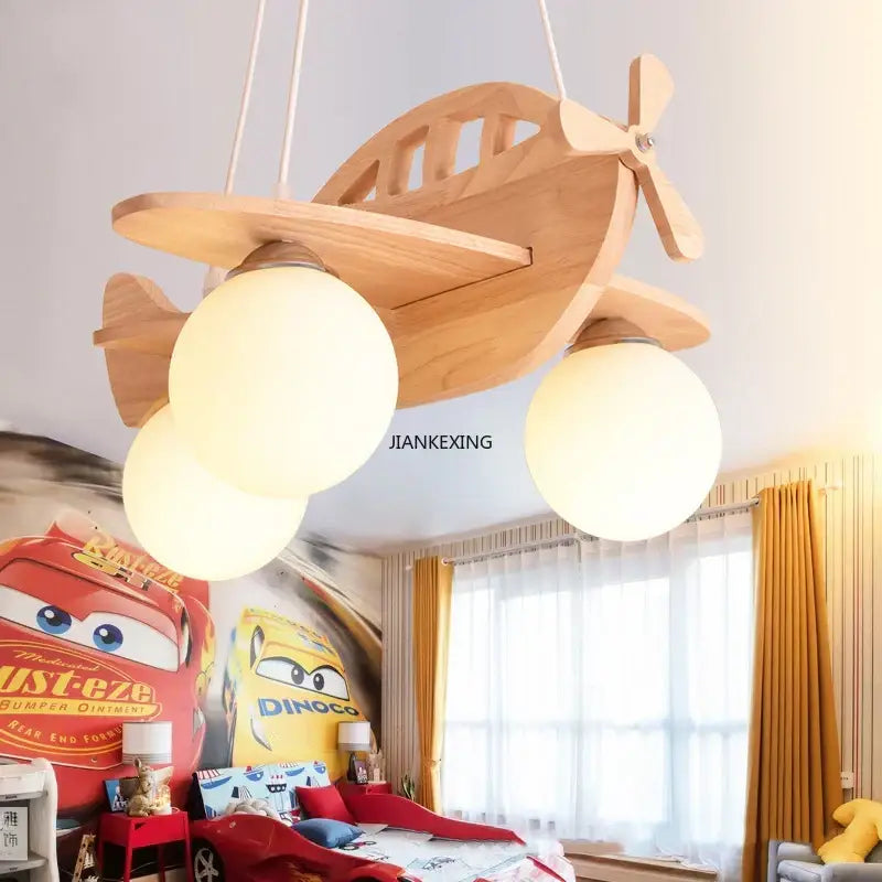 Kids wood airplane pendant light with wooden frame and three frosted glass globe bulbs for bedroom decorbites kids wood decor
