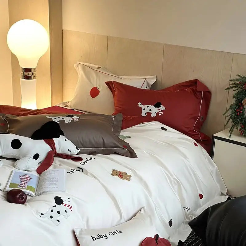 King bear embroidered white satin duvet cover bedding set with black and white dalmatian puppies and red apple motifs