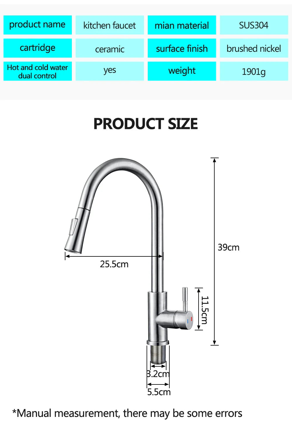 Brushed nickel stainless steel kitchen faucet with ceramic cartridge and single hole hot and cold water dual control