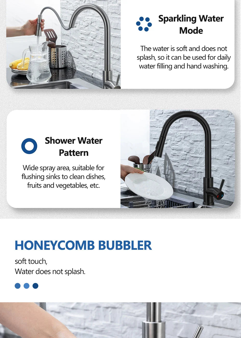 Stainless steel single hole kitchen faucet with brushed nickel finish, curved spout, and honeycomb bubbler design