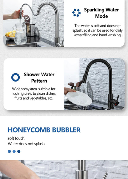 Stainless steel single hole kitchen faucet with brushed nickel finish, curved spout, and honeycomb bubbler design