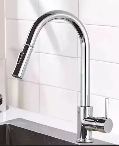 Chrome-finished stainless steel kitchen faucet with single hole installation and sleek arched pull-down spout