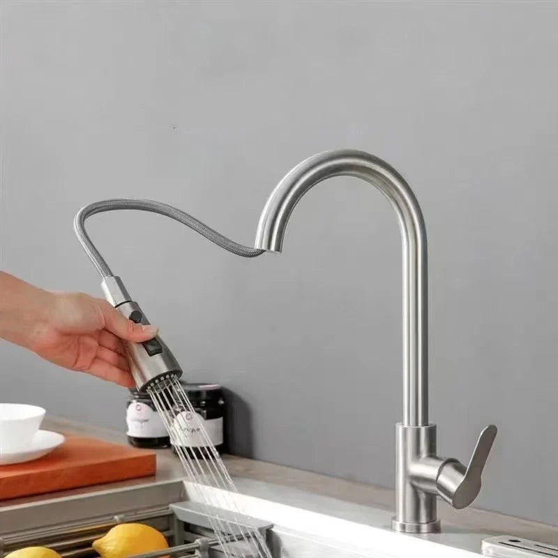 Stainless steel single hole kitchen faucet with flexible curved spout and pull out spray head in brushed nickel black