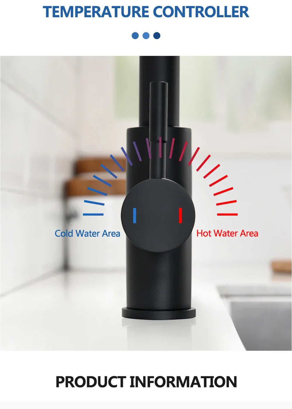 Black matte stainless steel single hole temperature controller faucet with circular dial for hot and cold water areas