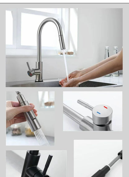 Modern stainless steel single hole kitchen faucet with a sleek curved spout and pull-out spray head in brushed nickel