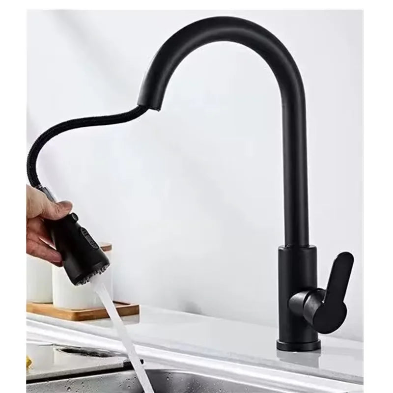 Black matte finish kitchen faucet with flexible pull-out spray head stainless steel single hole mixed tap for kitchen sink