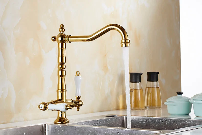 Brass kitchen faucet with white ceramic handle and spout single hole 360 degree swivel gold bathroom mixer