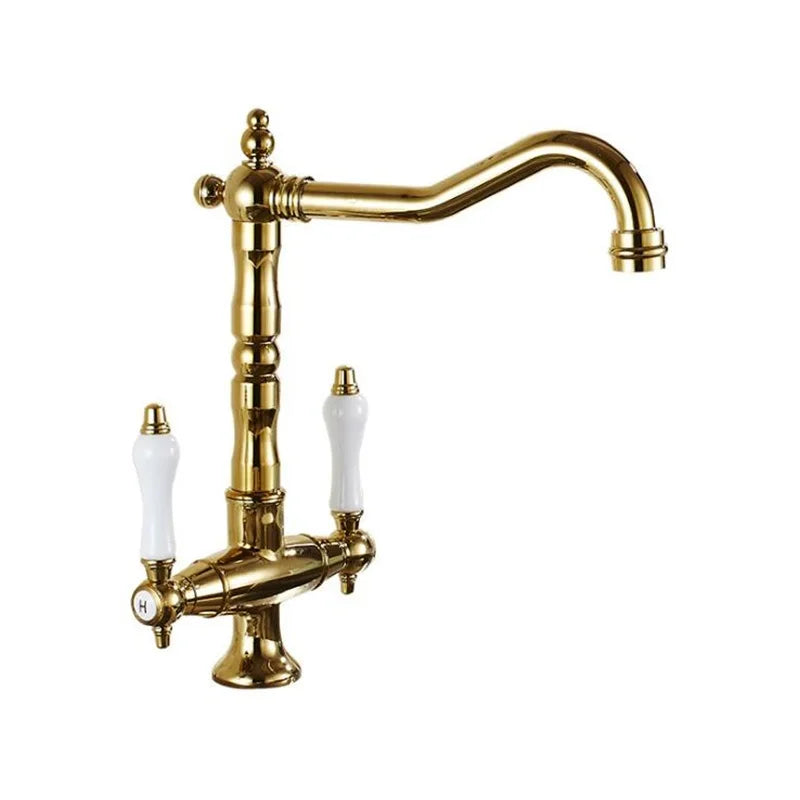 Gold-finished single hole kitchen faucet with two white ceramic handles and a 360 degree swivel curved spout made of brass