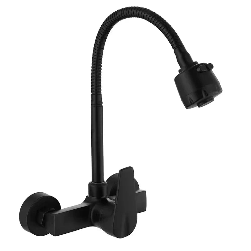 Black matte finish wall mounted kitchen faucet with single handle and flexible gooseneck design for hot and cold water mixing