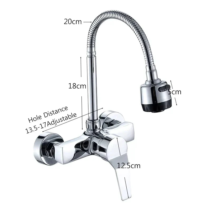 Chrome-finished wall mounted single handle kitchen faucet with flexible gooseneck spout and pull-out spray head