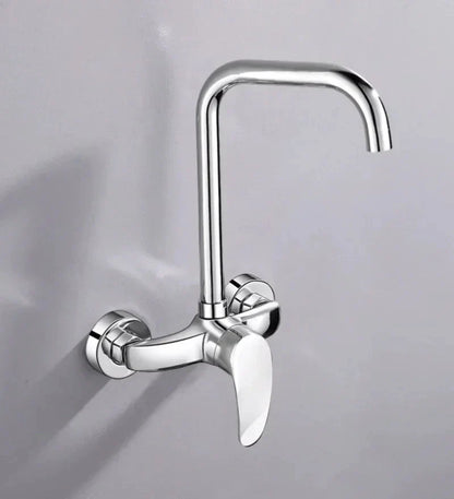 Chrome finished wall mounted kitchen hot and cold water mixing faucet with sleek curved spout and dual control handles