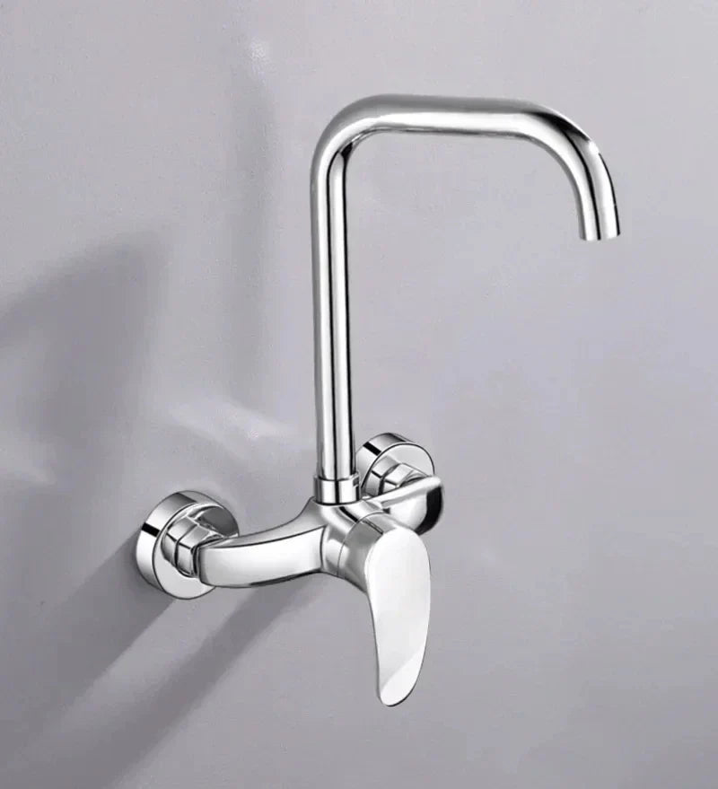 Chrome finished wall mounted kitchen hot and cold water mixing faucet with sleek curved spout and dual control handles