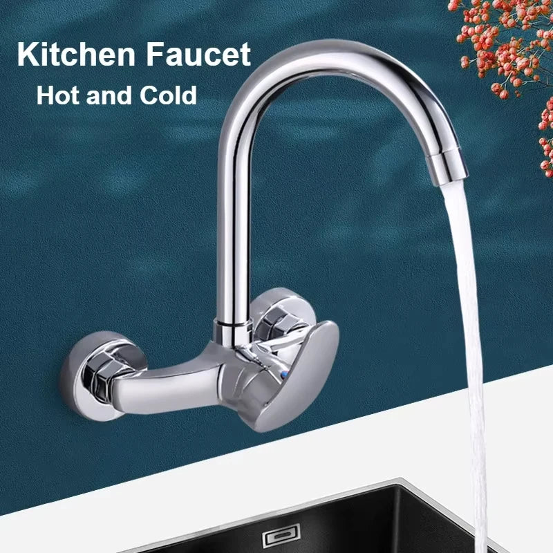 Shiny chrome kitchen hot and cold water mixing faucet with curved spout dual handles wall mounted design