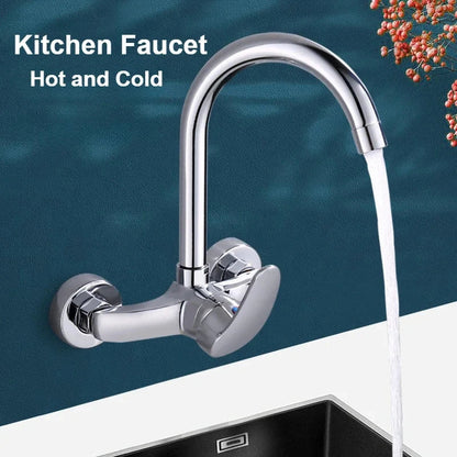 Chrome finished wall mounted kitchen faucet with sleek curved spout and dual handles for hot and cold water mixing