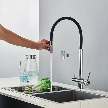 Modern black flexible single hole kitchen water filter faucet with chrome finish and pull-down dual spout mixer tap