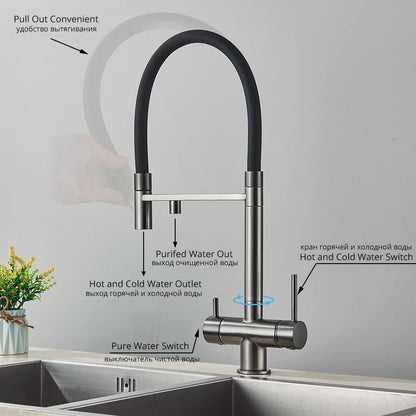 Modern stainless steel kitchen water filter faucet with single hole installation black flexible hose pull-out spray head