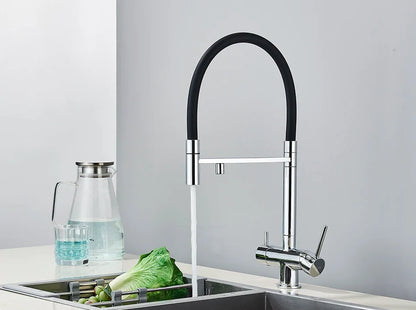 Modern chrome finished single hole kitchen water filter faucet with flexible black rubber hose and pull down spout