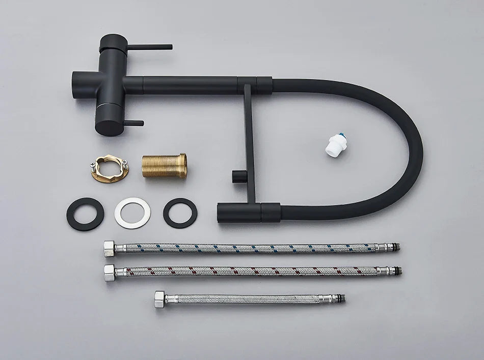 Black matte single hole kitchen water filter faucet with sleek dual spout and flexible gooseneck for pure drinking water