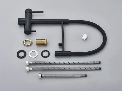 Black matte single hole kitchen water filter faucet with sleek dual spout and flexible gooseneck for pure drinking water