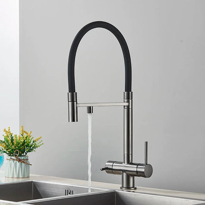 Modern black and brushed stainless steel single hole kitchen water filter faucet with flexible gooseneck spout and dual rotation taps