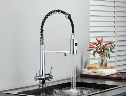 Chrome-finished single hole kitchen water filter faucet with flexible black hose and dual handles for pure drinking water