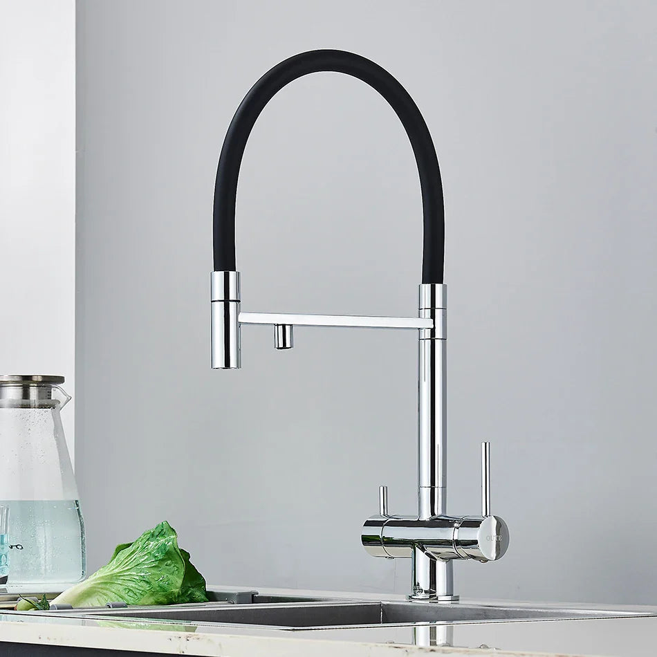 Modern chrome kitchen water filter faucet with flexible black rubber hose dual handles single hole installation