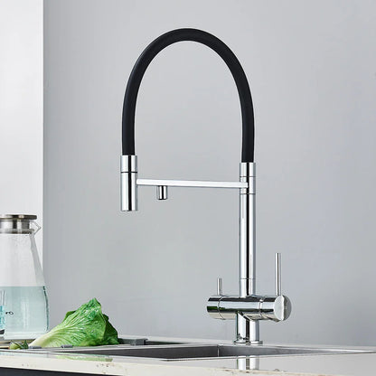 Modern chrome kitchen water filter faucet with flexible black rubber hose dual handles single hole installation