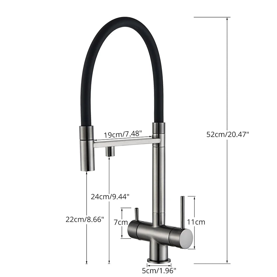 Modern brushed stainless steel kitchen water filter faucet with dual spout and flexible black hose for single hole installation