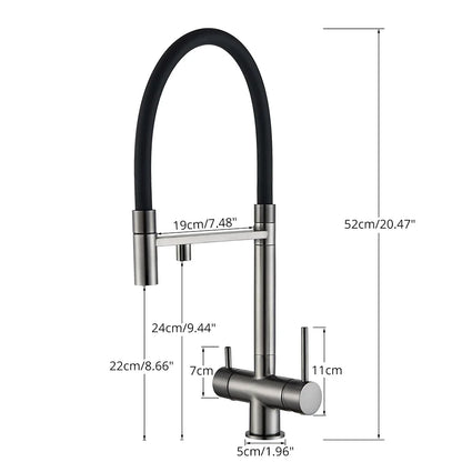 Modern brushed stainless steel kitchen water filter faucet with dual spout and flexible black hose for single hole installation