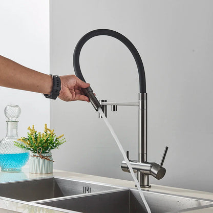 Modern black and brushed stainless steel single hole pull-out kitchen water filter faucet with curved dual spout design