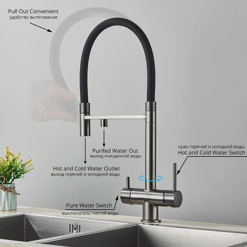 Modern stainless steel kitchen water filter faucet with sleek black flexible hose single hole dual spout mixer tap